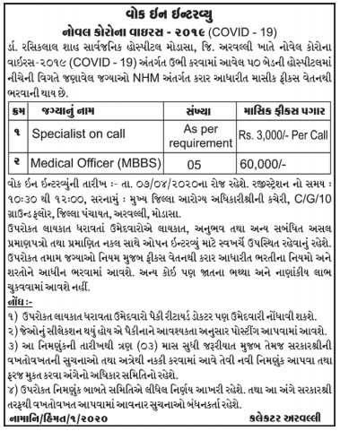 NHM Modasa Recruitment for Medical Officer & Specialist on Call Posts 2020