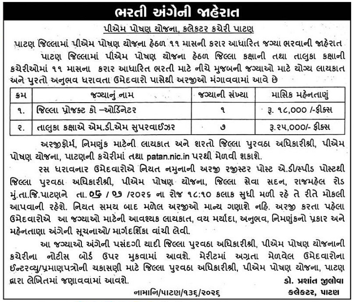 Patan PM Poshan Yojana Recruitment 2026 for Coordinator & Supervisor Posts