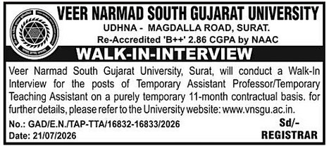 VNSGU Recruitment 2026 for Temporary Assistant Professor & Teaching Assistant Posts