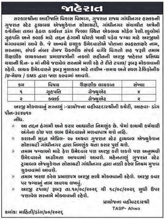 Gujarat Tribal Development Department Warden & Clerk Recruitment 2026