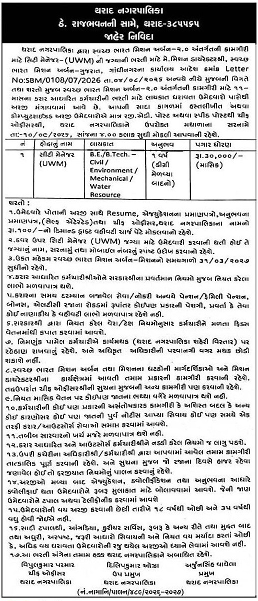 Tharad Nagarpalika City Manager – UWM Recruitment 2026