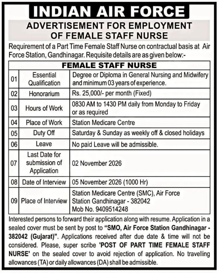 IAF Gandhinagar Female Staff Nurse Recruitment 2026