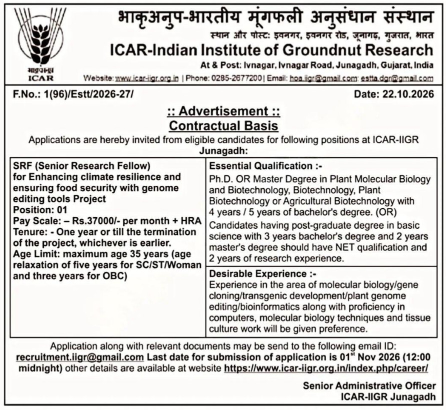 ICAR-IIGR Junagadh SRF Recruitment 2026